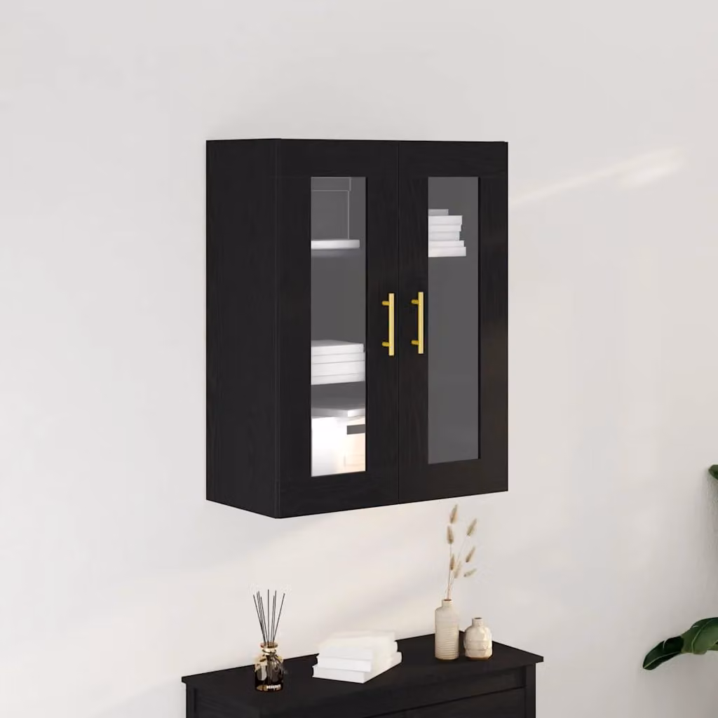 Armadietto a muro moderno vidaXL in legno e vetro nero con ante in vetro e ripiani interni L: 69,5 cm, P: 34 cm, H: 90 cm