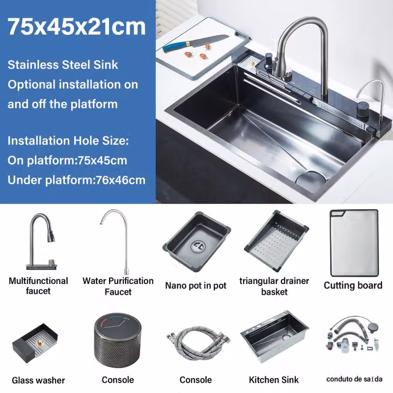 Rubinetto da cucina con effetto cascata e lavello - Acciaio inossidabile - Controllo digitale - Grigio gunmetal