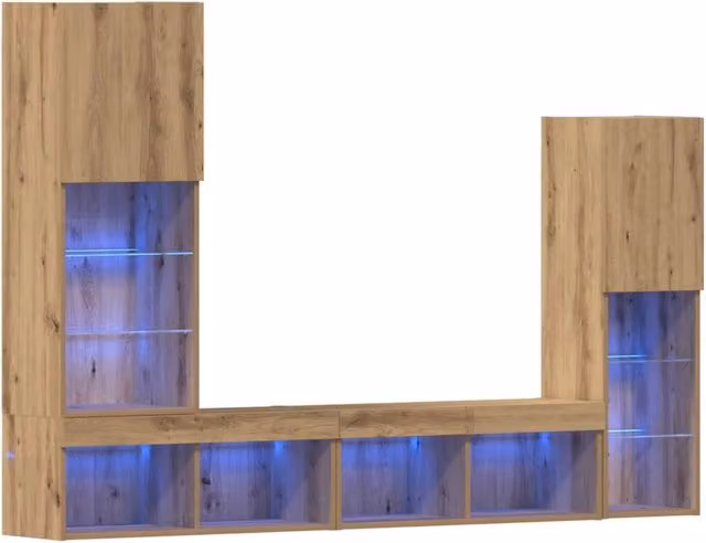 Mobile TV da parete moderno 190,5 x 30 x 132 cm con illuminazione LED atmosfera accogliente in legno ingegnerizzato rovere artigianale 02_0055928