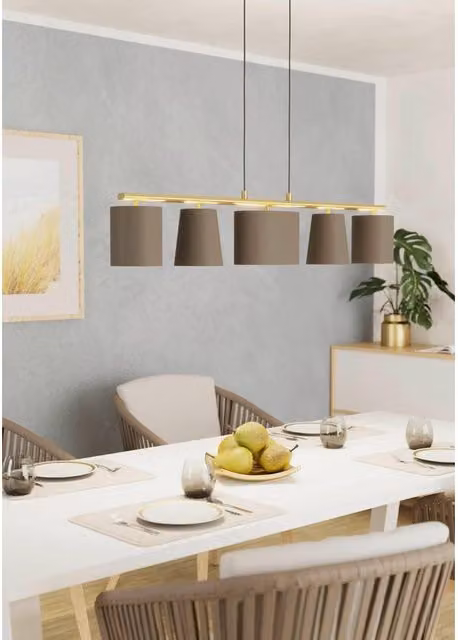 Lampadario moderno sospeso Almeida Eglo in metallo e tessuto marrone e oro con 5 x E14