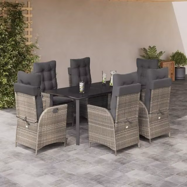 Set da Pranzo da Giardino 7 pz Cuscini Polyrattan Grigio Chiaro 3213290
