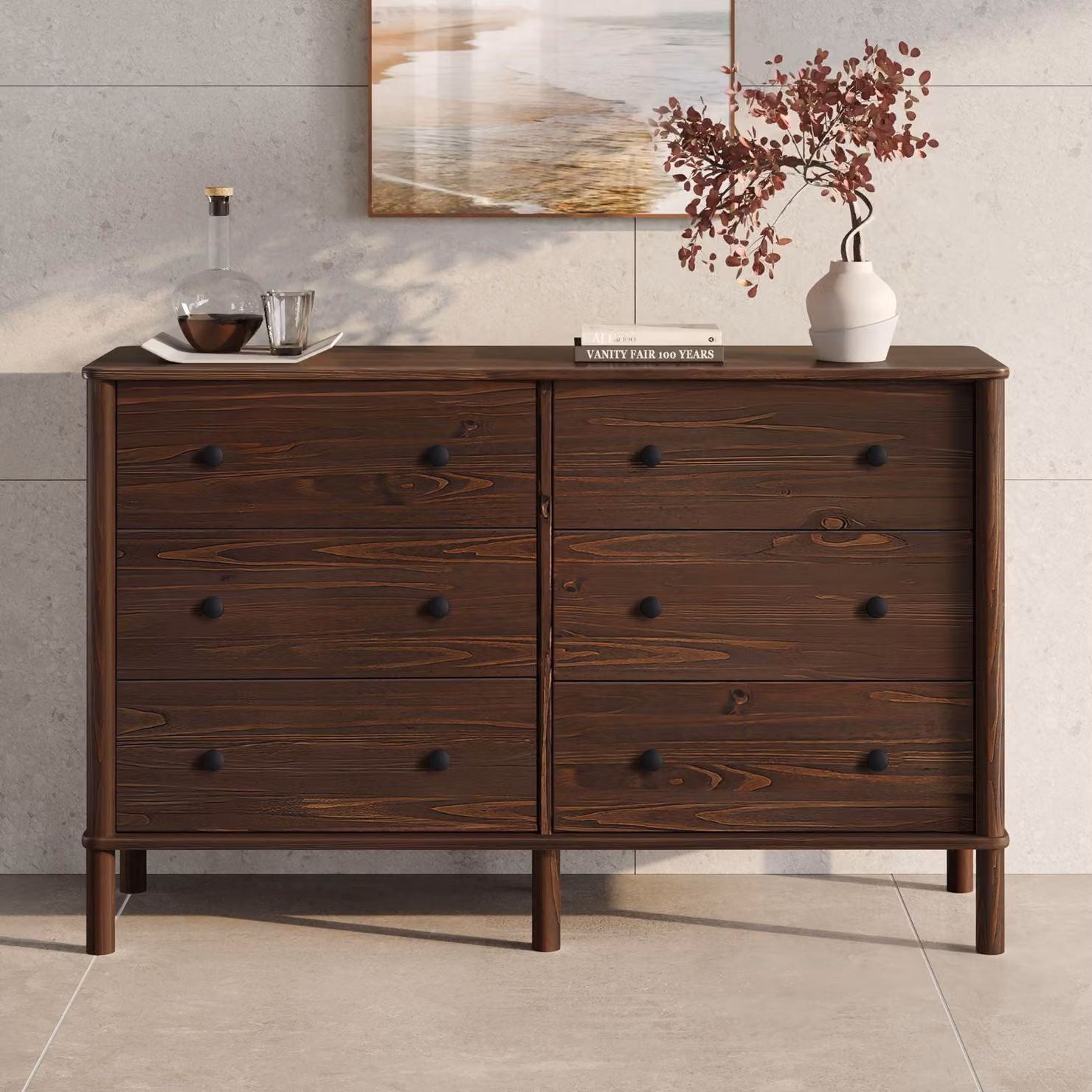 Comò APOANA in legno massello con 6 cassetti, color noce – Mobile contenitore con ampio spazio per abiti e accessori, comò da camera da letto in legno con elementi in metallo e design scandinavo
