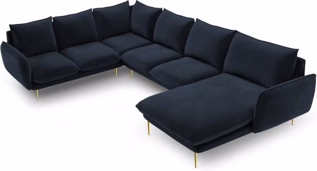 Divano panoramico sinistro Vienna Cosmopolitan Design a 7 posti in velluto blu e oro con struttura in metallo L: 330 cm, P: 158 cm, H: 95 cm
