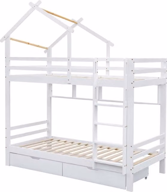 Letto a castello Chicfurn per bambini in legno bianco con cassetti, ripiani e scala, L/P/H: 200 x 90 x 227 cm