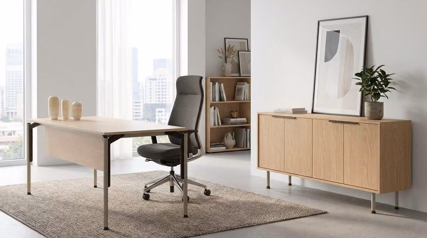 Set per ufficio moderno, beige, con scrivania, mobiletto laterale e altri elementi in legno