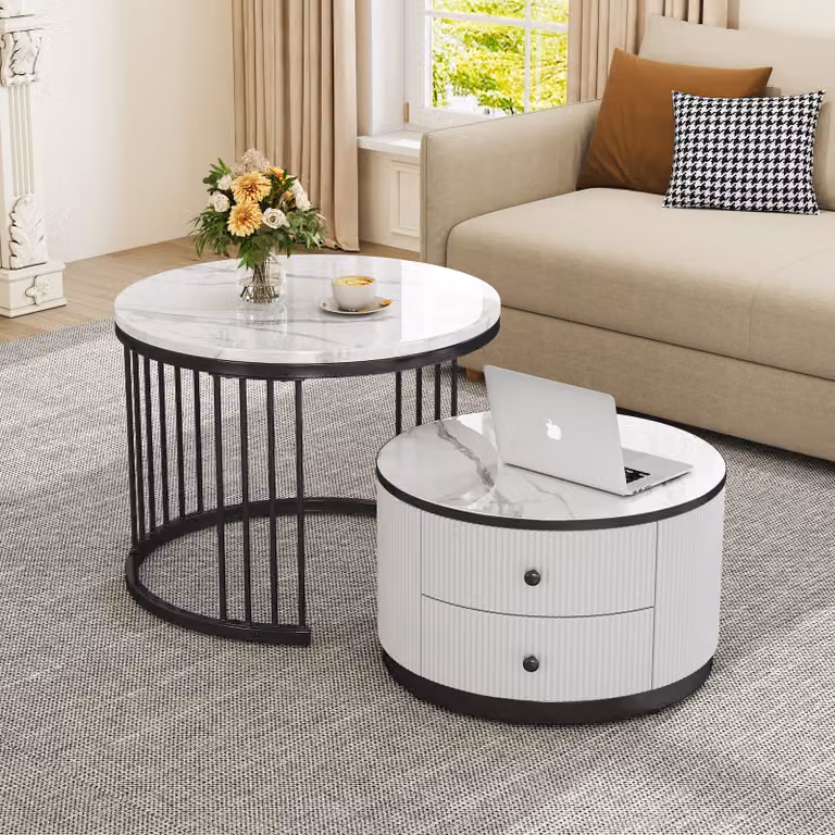 Set di tavolini STILVORA con finitura lucida, set da 2 tavolini da salotto con effetto marmo, tavolino con 2 cassetti, bianco + nero