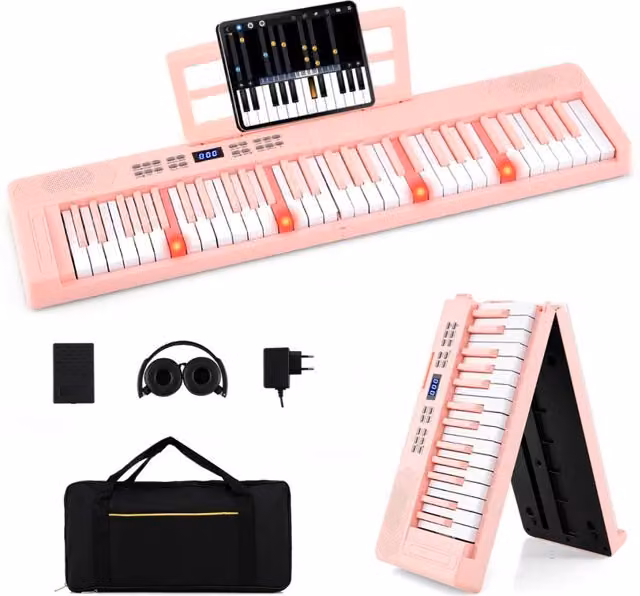 Pianoforte pieghevole per bambini con 61 tasti e funzione MIDI, colore rosa, L 94 cm x P 22 cm x H 6 cm