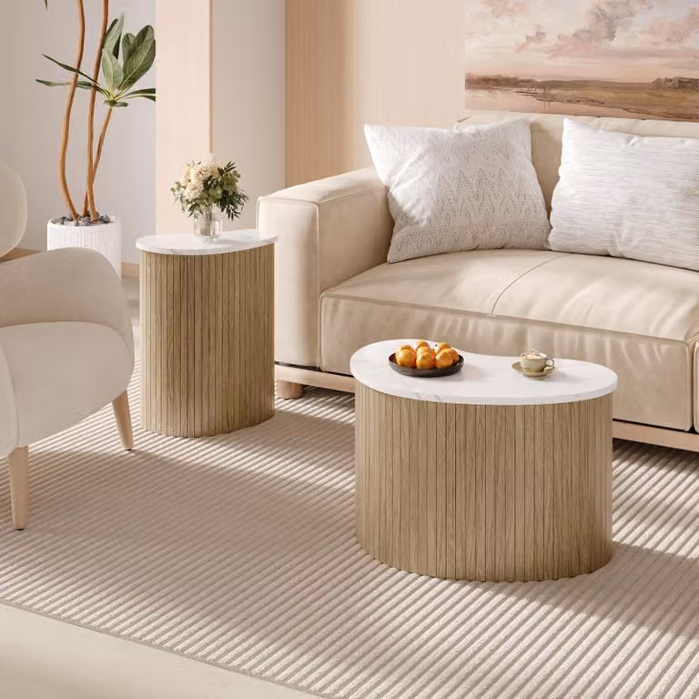 Set di tavolini minimalisti Merax con marmo e venature del legno, set di 2 tavolini scandinavi in pannelli di fibra ad alta densità, naturale