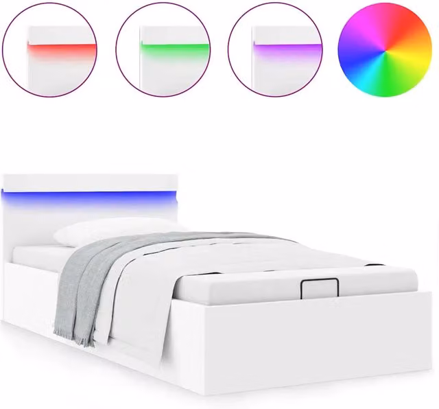 Letto singolo | Letto per adulti | Giroletto Contenitore Idraulico LED Bianco Similpelle 90x200 cm