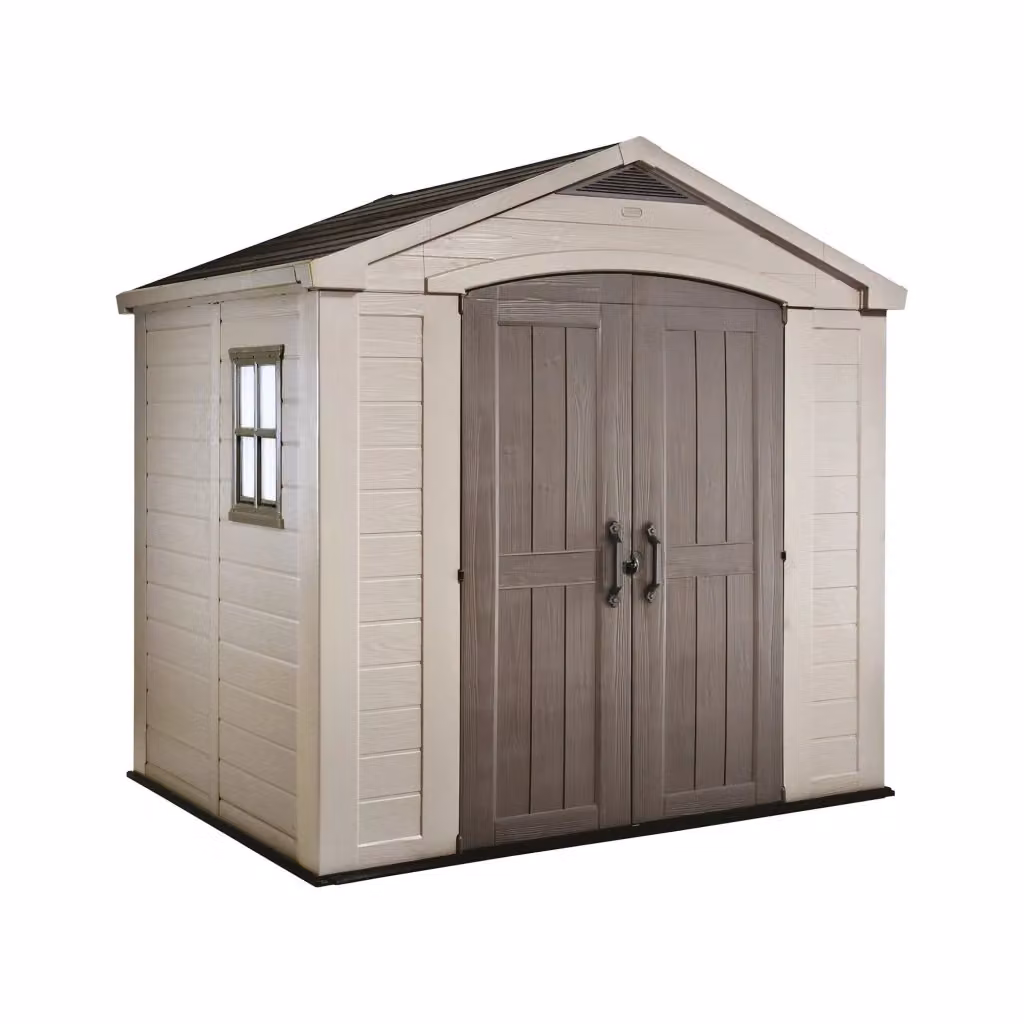 Casetta da giardino Weyburn DMORA, capanno da esterno e ripostiglio per attrezzi in plastica con doppia porta e finestra, Beige, L: 257 cm, P: 182 cm, H: 243 cm – 2