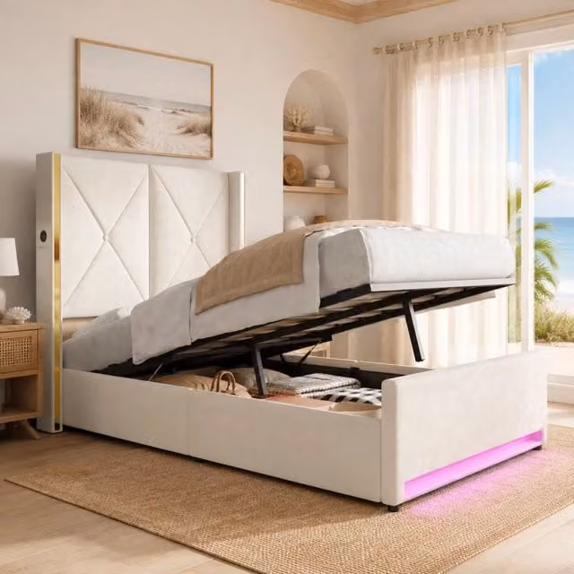 Letto con contenitore Mivray in velluto beige con sollevamento idraulico, illuminazione LED, porta USB Type-C e tasche laterali, L/P: 90 x 200 cm