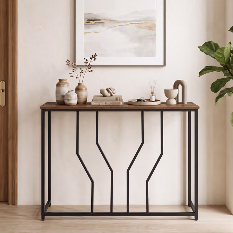 Consolle da ingresso Costway con effetto marmo e struttura in acciaio, design moderno salvaspazio per soggiorno o corridoio, Marrone