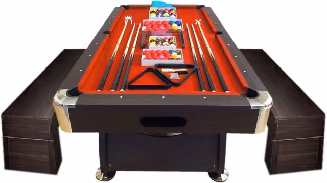 Tavolo da biliardo da 8 piedi con panche contenitore Simbashopping colore rosso e marrone