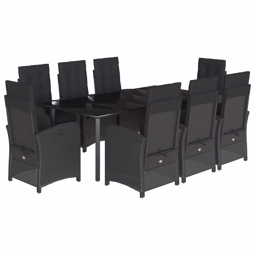 Set da Pranzo da Giardino vidaXL in Polyrattan Nero con Cuscini e Tavolo in Vetro, 9 Pezzi – 2