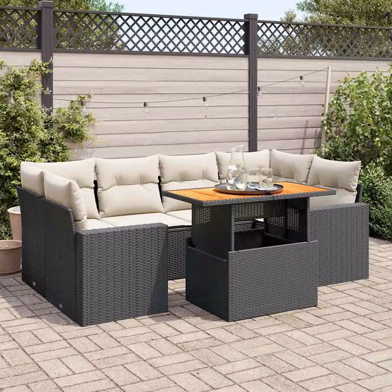 Set Divano da Giardino a L con Polyrattan e Cuscini vidaXL, Colore Nero e Bianco