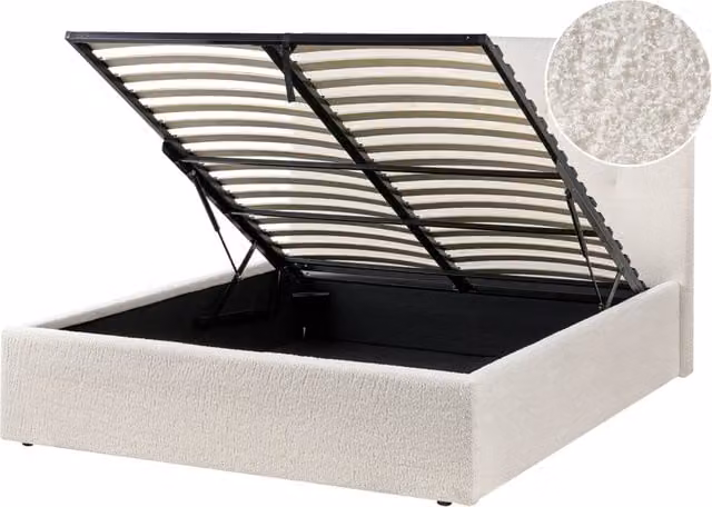 Letto matrimoniale con contenitore portaoggetti e testiera imbottita 140x200 cm in bouclé bianco sporco