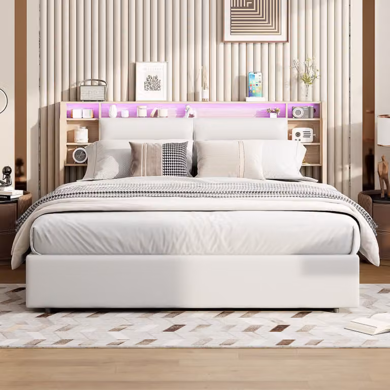 Letto imbottito ProximaX 140x200cm con rete a doghe, letto a molle idrauliche con contenitore, letto contenitore letto matrimoniale con testata contenitore e LED, bianco