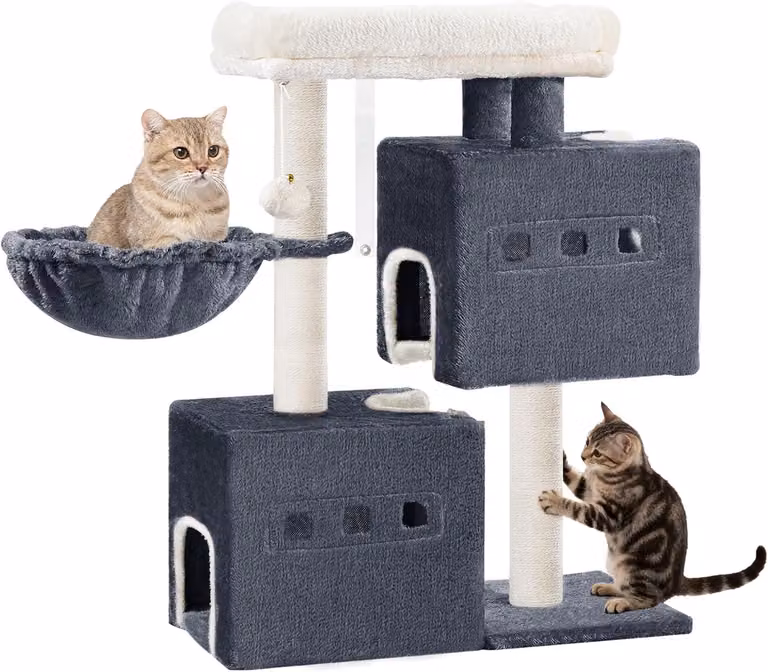 Albero per gatti con 2 rifugi, altezza 98 cm, 3 pali in sisal, ampia piattaforma, adatto per gatti di piccola taglia