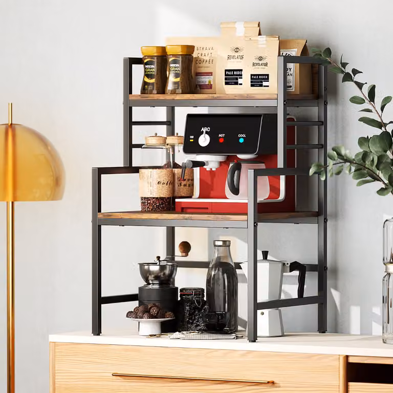 Organizzatore da cucina industriale Costway con supporto per microonde a 3 ripiani in metallo, Marrone e Nero