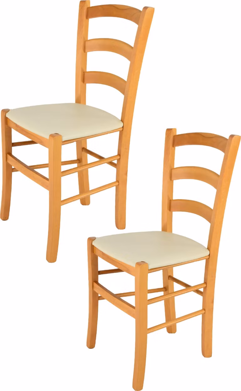 t m c s Tommychairs - Set di 2 sedie VENICE per cucina e sala da pranzo, struttura robusta in legno di faggio laccato nel colore miele e sedile imbottito rivestito in Pelle finta nel colore avorio