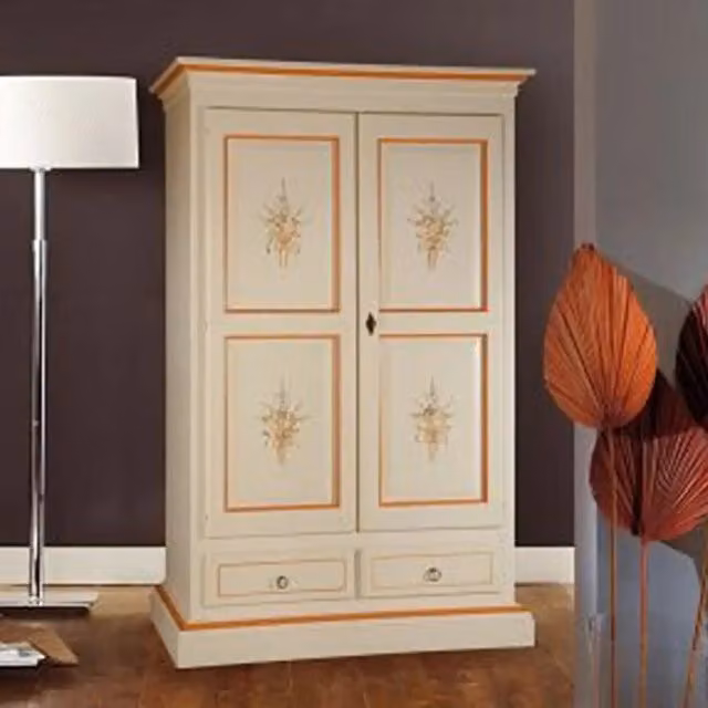 Armadio Verona KIVIO in legno di abete stile shabby chic decorato con motivi floreali, colore avorio e dettagli arancione, L: 60 cm, P: 125 cm, H: 200 cm