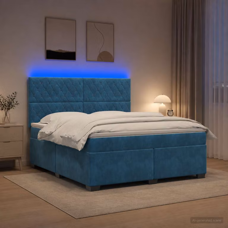 Letto box spring con materasso ibrido vidaXL in velluto blu, L 140 x P 200 cm, con illuminazione sottostante e porta USB