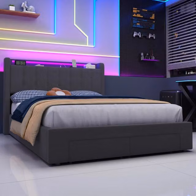Letto matrimoniale imbottito 140x200 cm in velluto con LED, 2 cassetti contenitore e porte USB