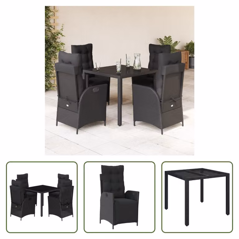The Living Store Set da pranzo da giardino 5 pezzi con cuscini in poly rattan nero