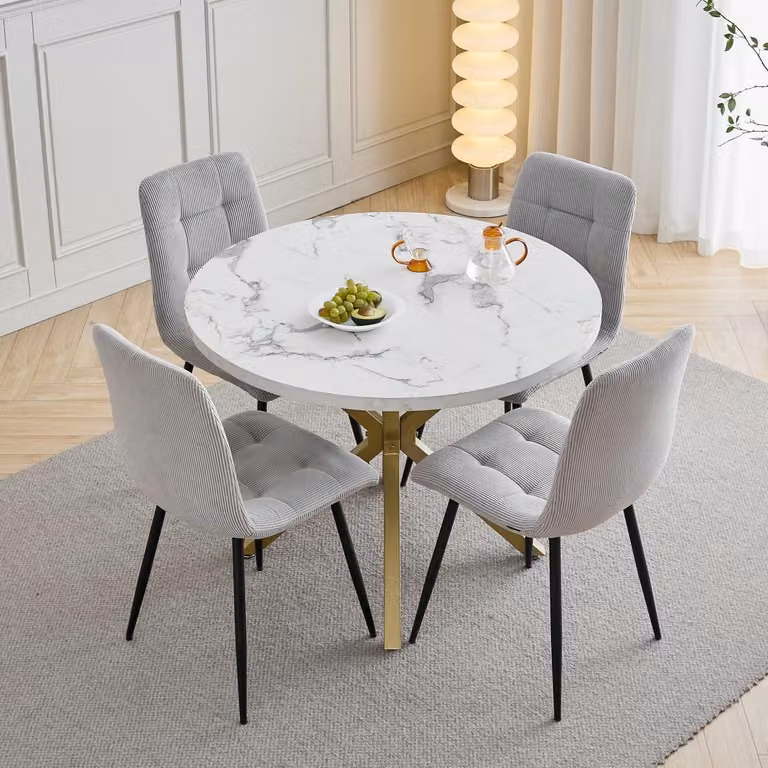 Set tavolo e sedie da pranzo: 1 tavolo, 4 sedie. Tavolo rotondo, diametro 100 cm, colore grigio chiaro, gambe in metallo dorato