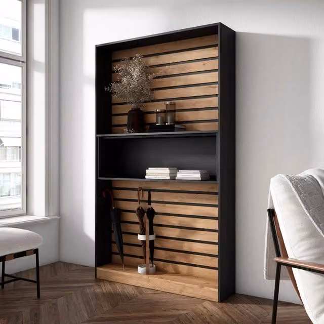 Libreria scaffale, 110x25x186cm, Soggiorno, Ufficio, Per libri, colore Rovere e nero RF2323