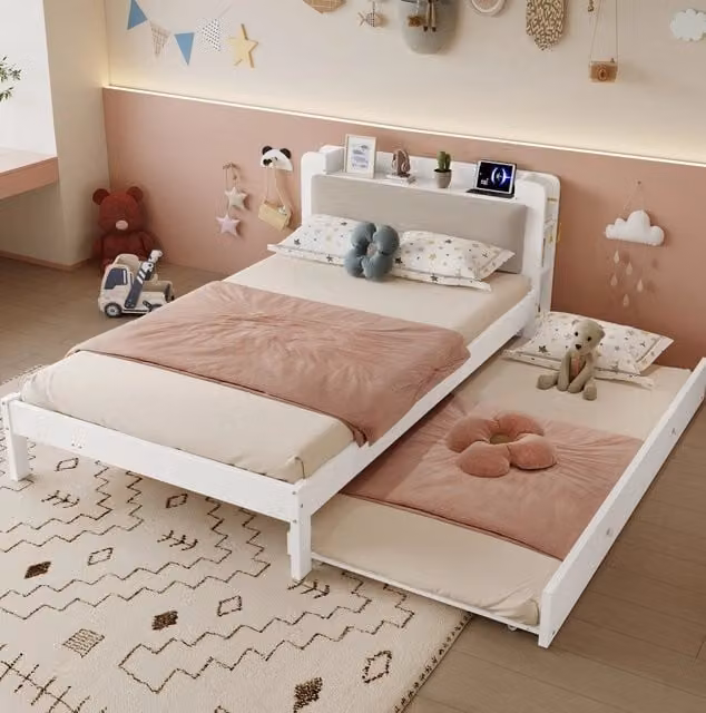 Letto funzionale 120x200 cm con letto estraibile 90x190 cm, testiera imbottita e stazione di ricarica bianco HAVRYA