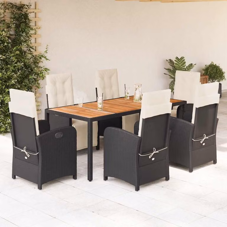 Set da pranzo da giardino vidaXL in polyrattan nero con cuscini e tavolo in legno di acacia per 7 persone