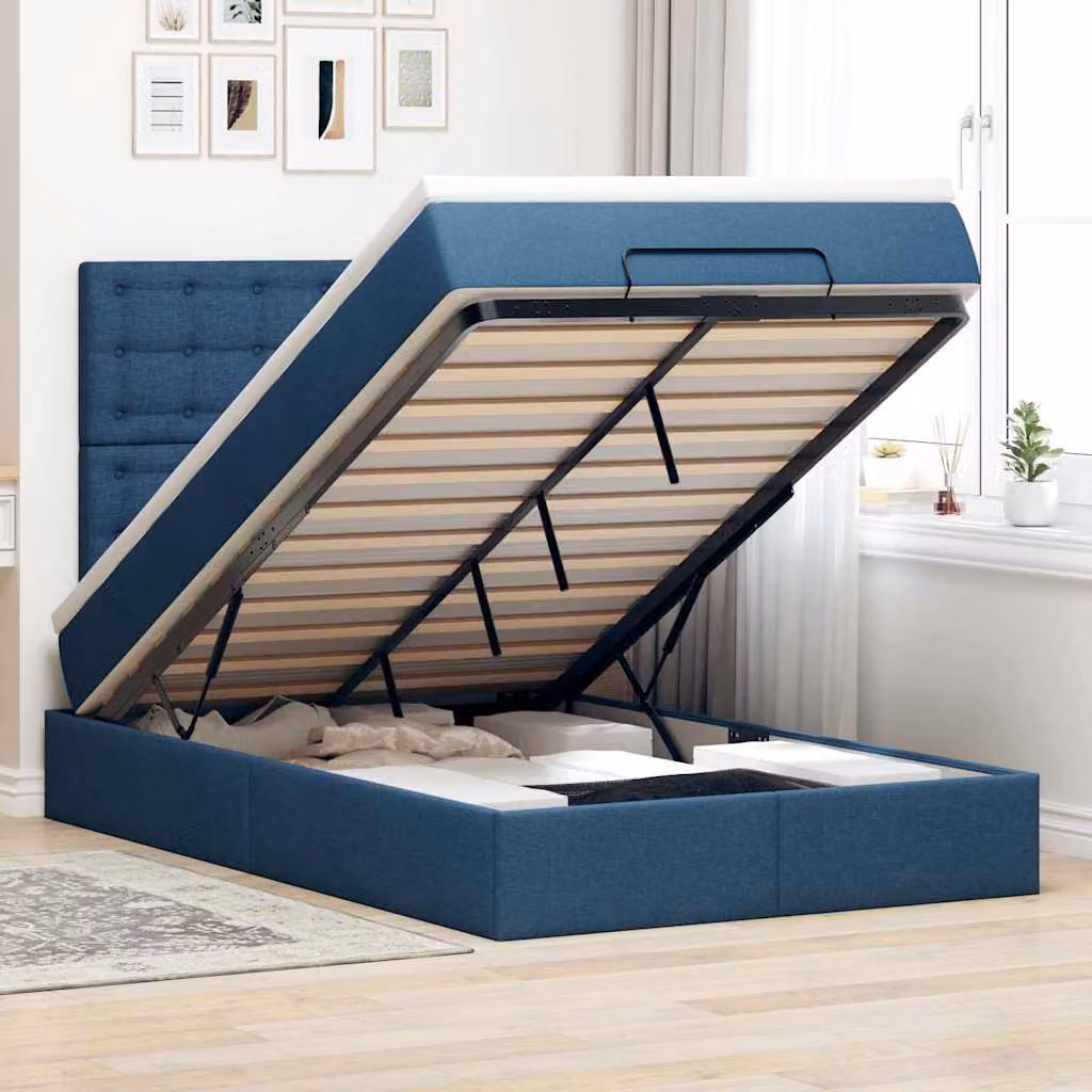 Letto con contenitore a sollevamento vidaXL in tessuto blu e bianco, L 120 x P 200 cm