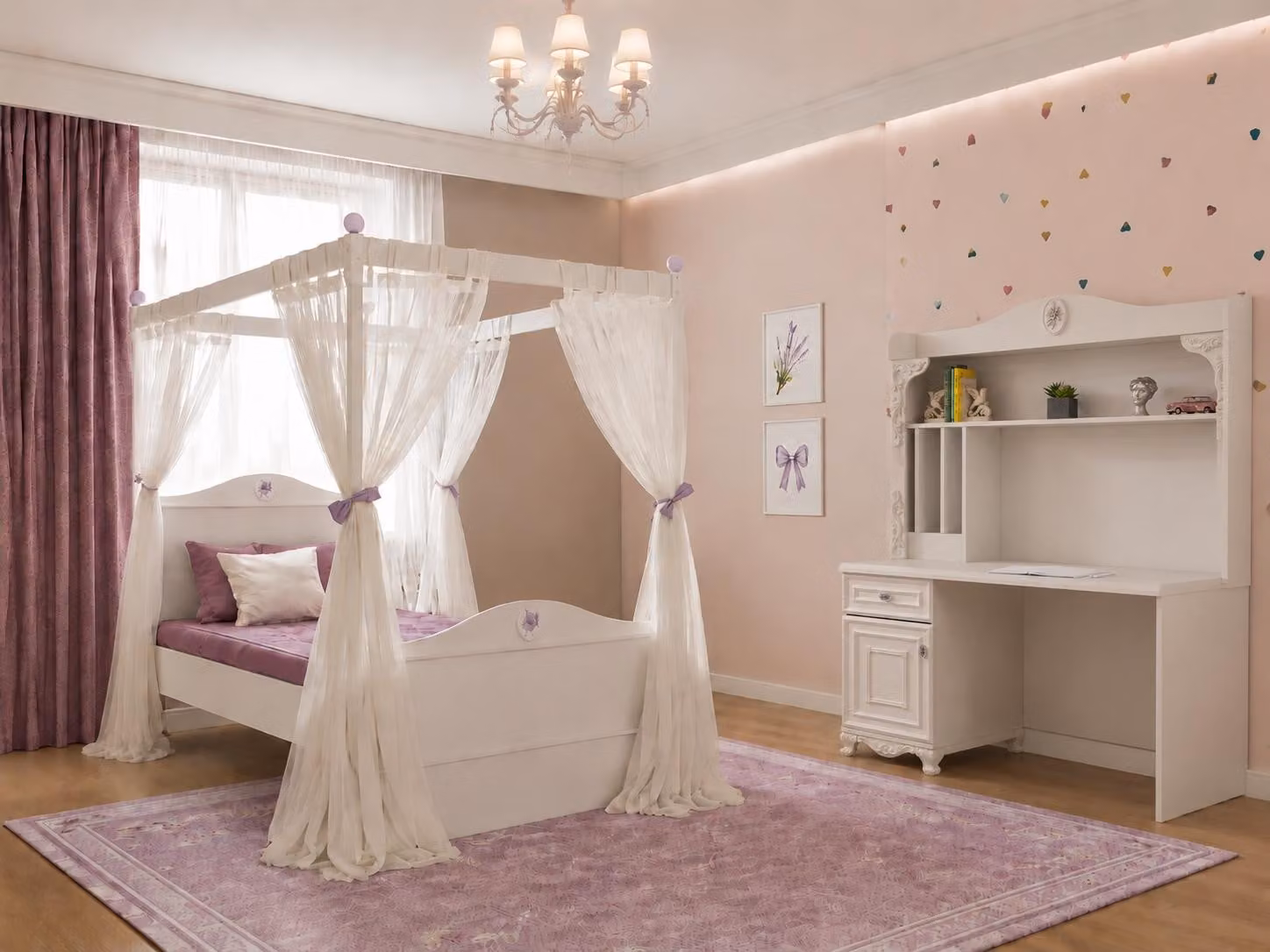 Letto a baldacchino, scrivania, libreria, colore bianco, legno, tessuto, camera da letto