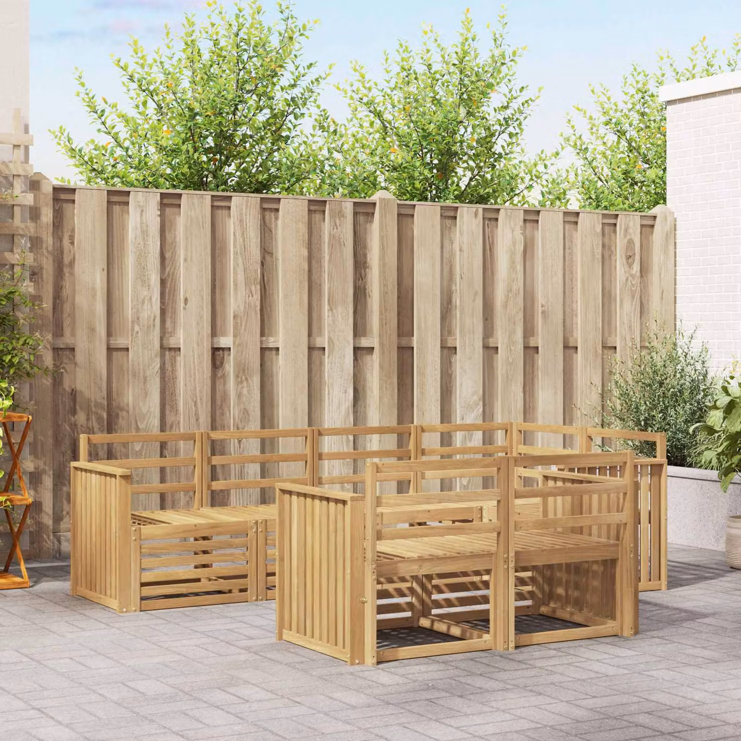 Set di divani da esterno vidaXL 7 pz in legno di acacia massello con cuscini bianchi e marroni per giardino e terrazza