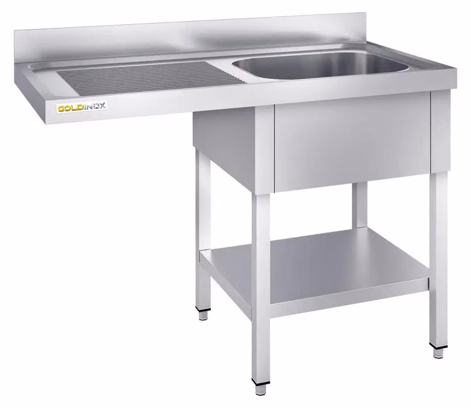 Lavello per lavastoviglie in acciaio inossidabile, con un vano, dimensioni 1200x700 mm, con scolapiatti a sinistra, modello PREMIUM - GOLDINOX