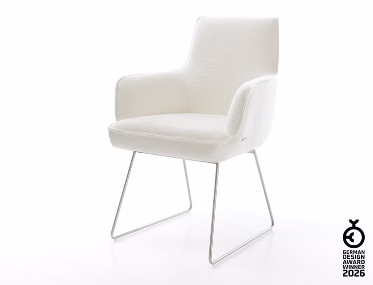 Sedia da pranzo DELIFE Heira-Flex con braccioli Bouclé Soft Beige Telaio a slitta in acciaio inox Molle insacchettate