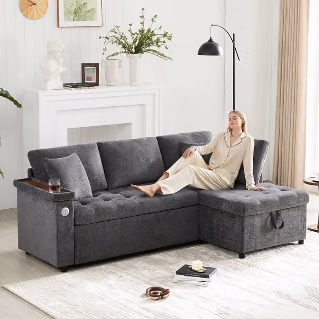 Divano letto estraibile con contenitore ¨C Minimal ¨C grigio tessuto con cuscini e ricarica USB