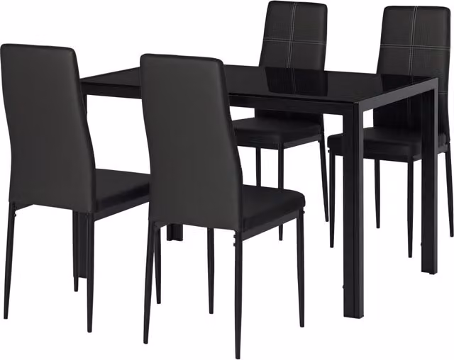 Set Tavolo da Pranzo Allungabile con 4 Sedie ¨C Zephmum ¨C Vetro Temperato, Imbottite in Pelle Sintetica, Nero, 90x200 cm