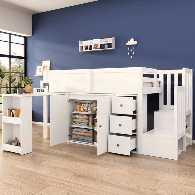 Letto a soppalco singolo WISHDOR per bambini con scrivania estraibile, armadio, cassetto e scala in MDF bianco, L/P/H: 200 x 90 x 170 cm