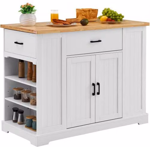 VEVOR Carrello da Cucina e Tavolo da Colazione in Legno Stile Fattoria con Mobiletto Portaoggetti, Ripiano Regolabile e Cassetto, Bianco e Marrone