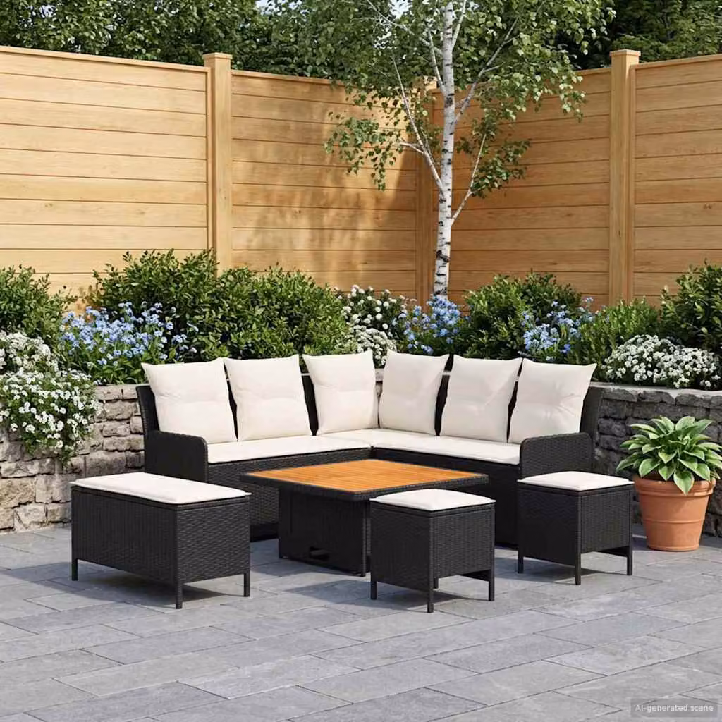 vidaXL Set di Mobili da Giardino 7 Pezzi Moderno in Rattan con Cuscini, Colore Nero e Beige