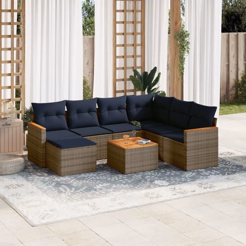 Set di divani da giardino vidaXL 8 pz con cuscini in polyrattan e struttura in metallo, colore grigio e blu, design moderno a forma di L con tavolino e pouf