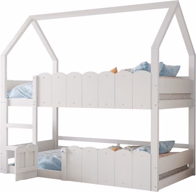 Letto a castello per bambini 90x200 cm a casetta con scala e sponde; bianco