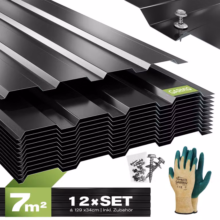 GARMIO® Lamiera profilata Trapezoidale Amalfi 129 Set da 12 pezzi Lamiera per tetto 129x45 cm, acciaio zincato nero