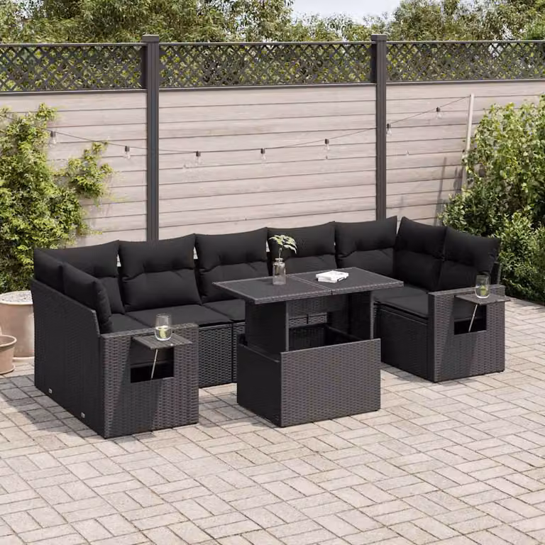 Set di divani da giardino vidaXL in polyrattan con 8 cuscini colore nero