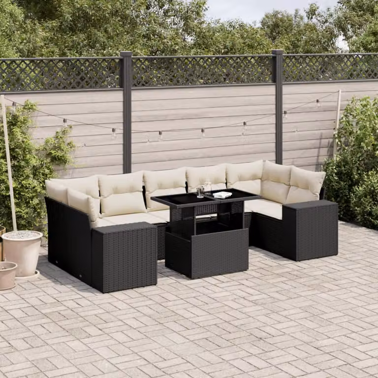 vidaXL Set Divani da Giardino a L con Cuscini 8 pz in Polyrattan Nero e Bianco