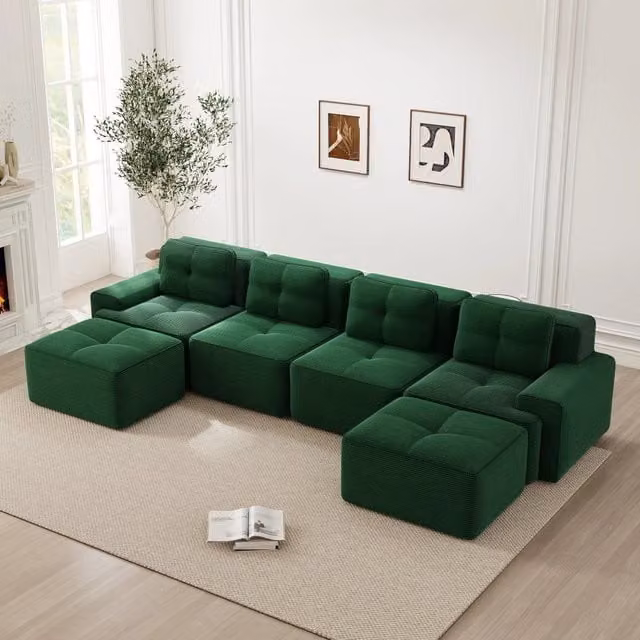 Divano modulare OKWISH a 4 posti in velluto a coste verde con seduta profonda e design moderno a L