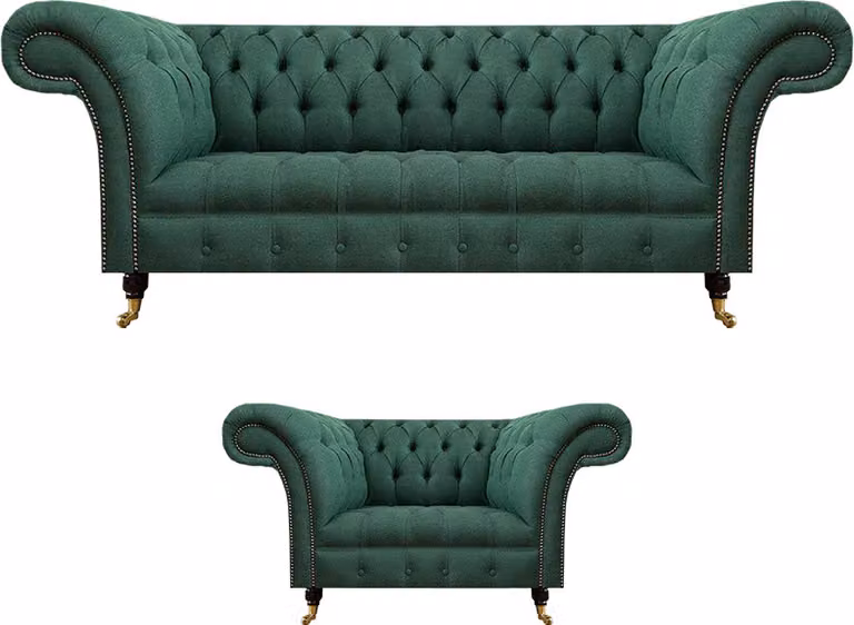 Luxus Wohnzimmer Komplett Grün Dreisitzer Sofa Chesterfield Sessel Set