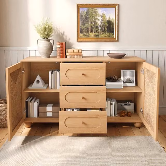 Credenza e madia con 2 ante e 3 cassetti, in MDF e truciolare, naturale, per ingresso e soggiorno 140 × 40 × 80 cm